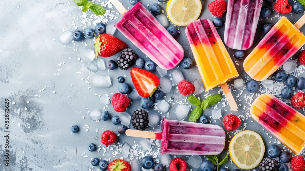 Assorted fruit popsicles with fresh berries and lemon on a cool icy background. Assorted fruit popsicles with fresh berries and lemon on a cool icy background.