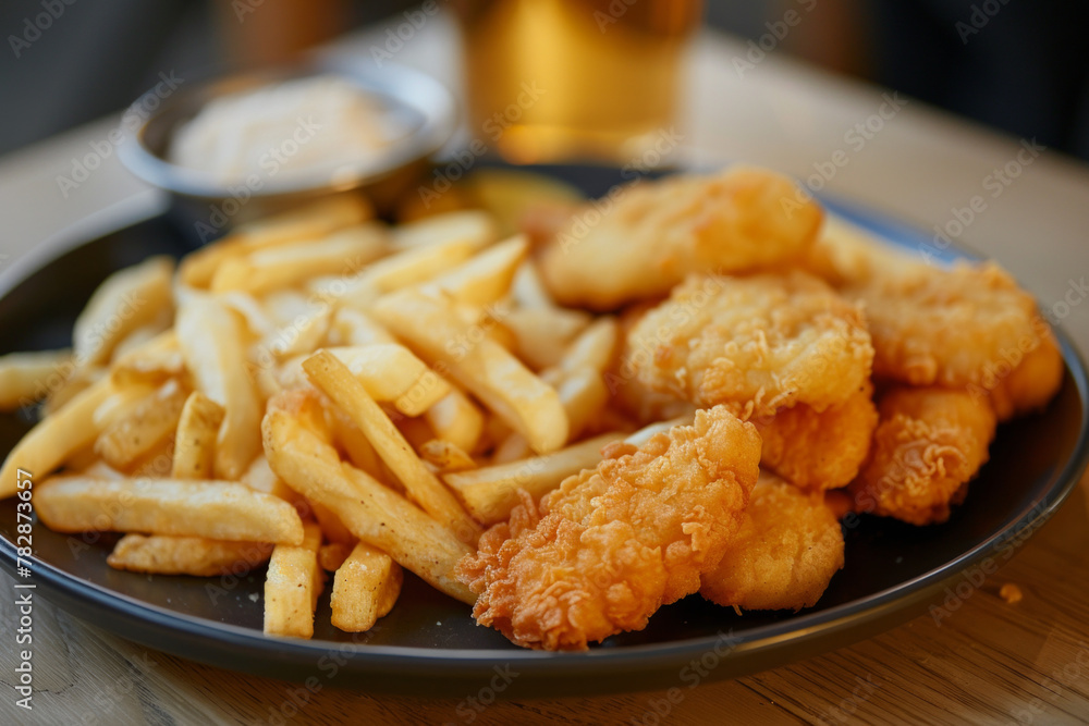 Delicious fried nuggets and french fries served on a table Delicious fried nuggets and french fries served on a table