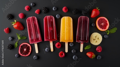 Assorted fruit popsicles with fresh fruits on a dark background, concept of healthy treats.