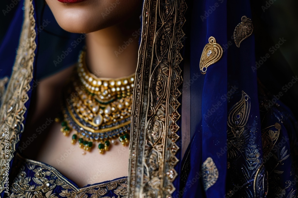 Closeup shot of the stunning Indian woman photo in traditional wedding dress and jewellery fashion photo. Fictional Character Created by Generative AI.