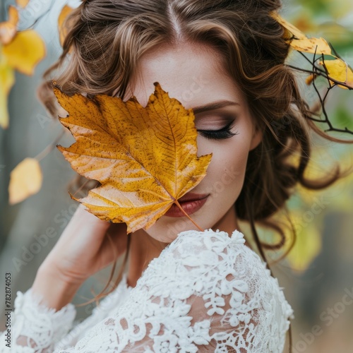  Beautiful woman dressed as a bride hiding behind leaf plant for a nature photo.   Fictional Character Created by Generative AI.