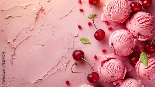 Scoops of pink cherry ice cream with fresh cherries on a textured background