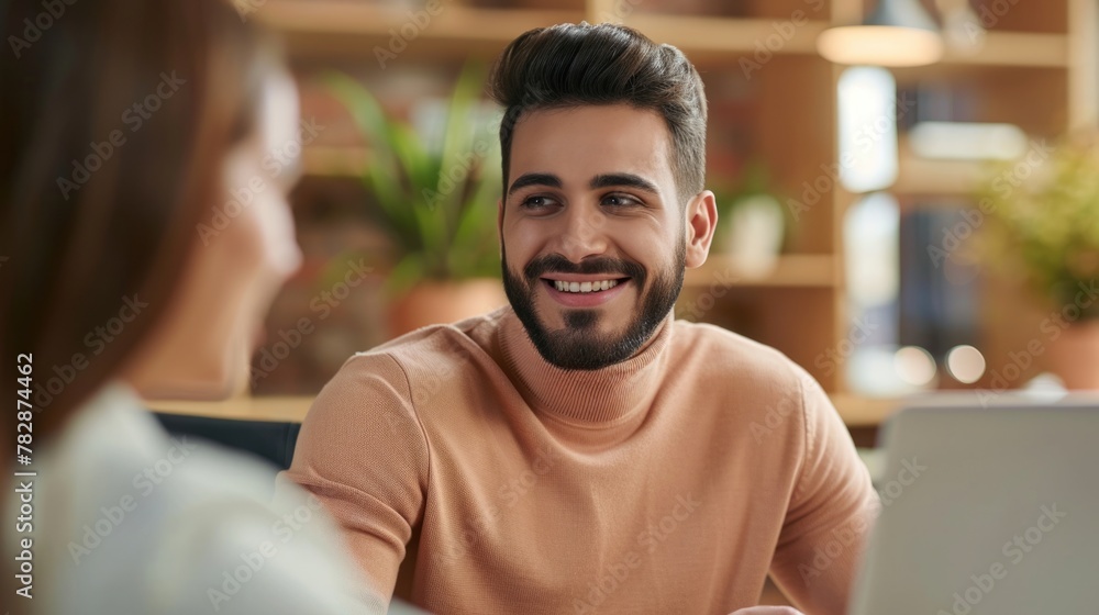 Obraz premium A Man in a Red Sweater Smiling and Laughing with a woman Fictional Character Created by Generative AI.