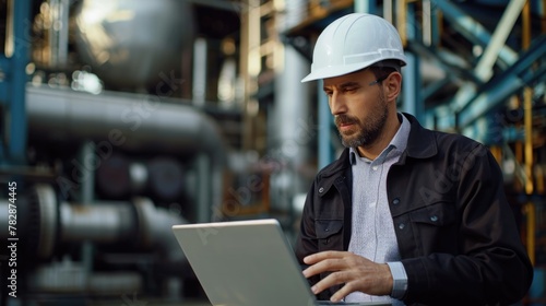  A engineer man wearing safety helmet and using laptop to be in a factory setting or a workshop, possibly receiving training. Fictional Character Created by Generative AI.