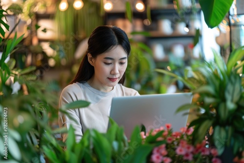 A young Asian woman working on her laptop and focused on the task at hand, surrounded by a comfortable living space, decorated potted plant nearby. Fictional Character Created by Generative AI.