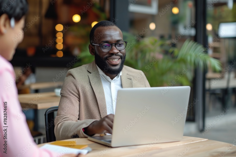 Two businessmen having a discussion at a cafe or restaurant. Fictional Character Created by Generative AI. Two businessmen having a discussion at a cafe or restaurant. Fictional Character Created by Generative AI.