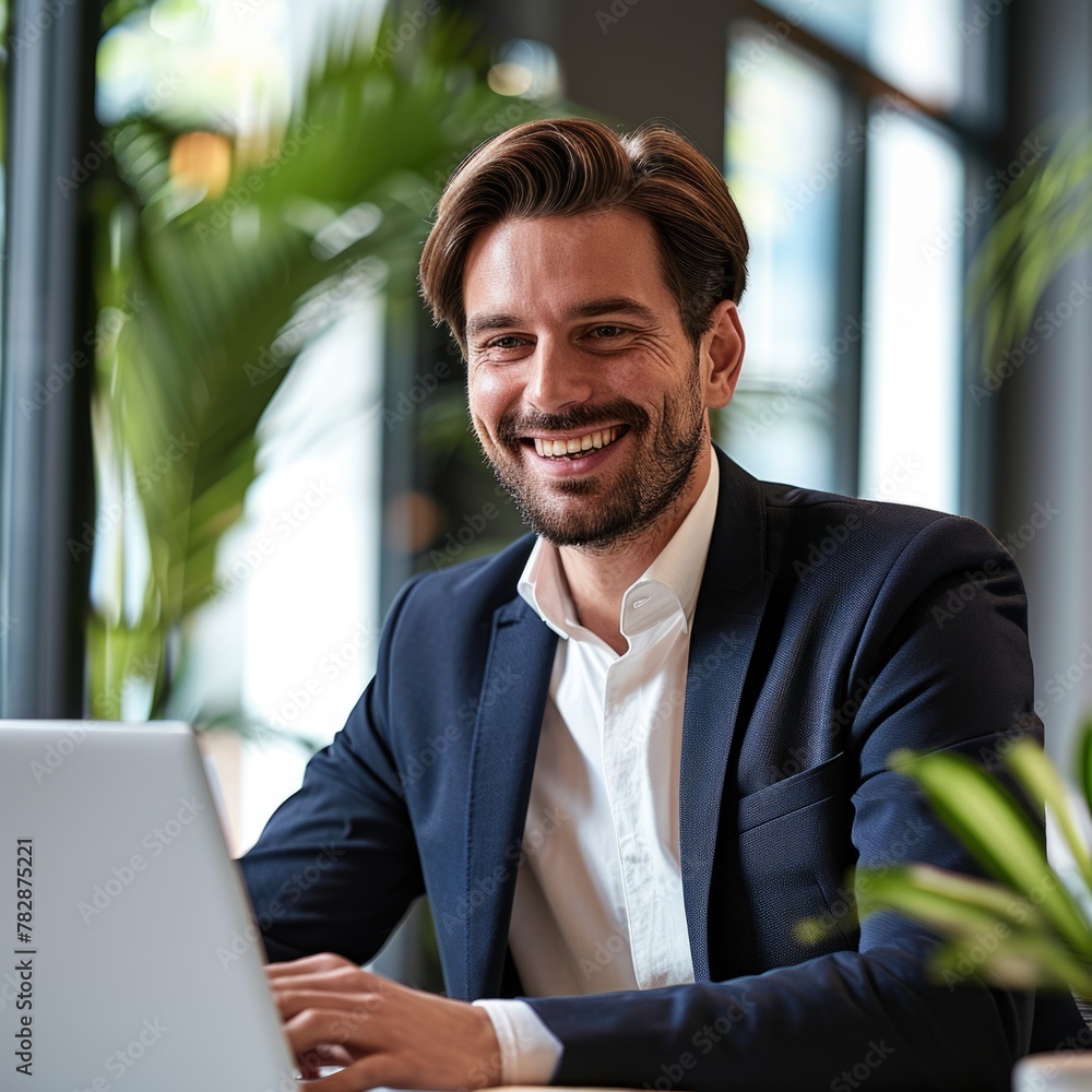 a confident and happy businessman sitting at a desk, focused on his work and using a laptop computer. a confident and happy businessman sitting at a desk, focused on his work and using a laptop computer.