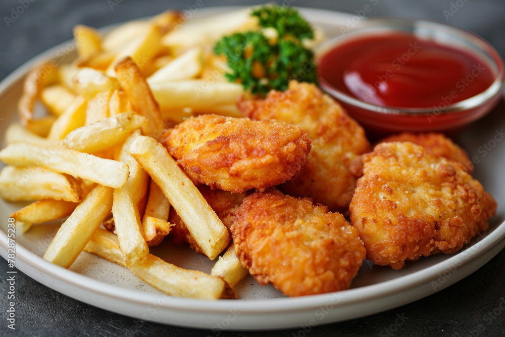 Delicious fried nuggets and french fries served on a table Delicious fried nuggets and french fries served on a table