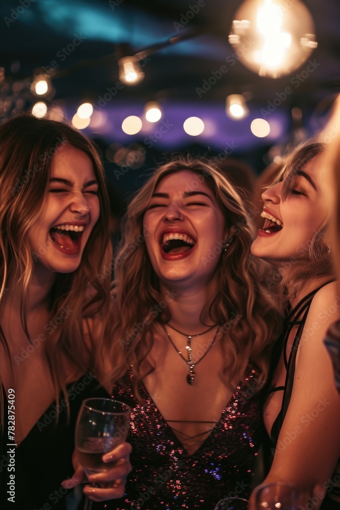  a joyful moment at a party with a group of beautiful women standing close to each other and laughing together.  Fictional Character Created by Generative AI.