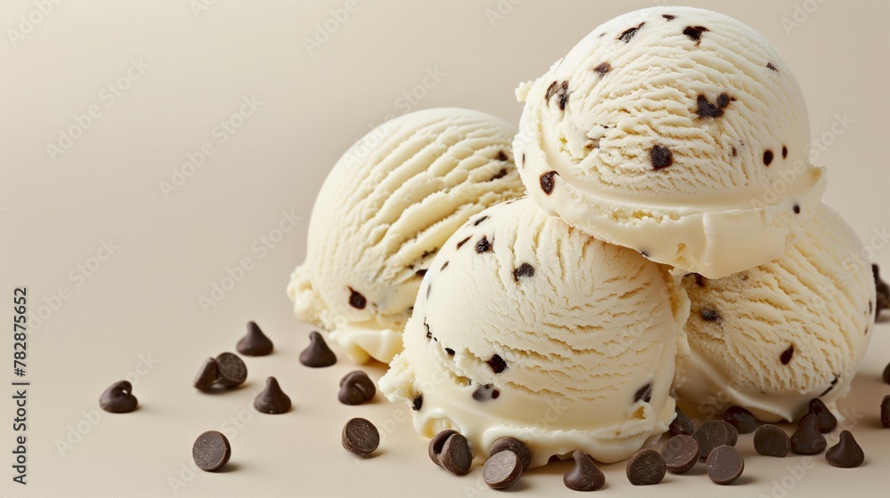 Mouthwatering vanilla ice cream scoops with chocolate chips on a light background Mouthwatering vanilla ice cream scoops with chocolate chips on a light background