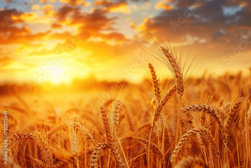Wheat field. Ears of golden wheat close up. Beautiful nature sunset landscape. with empty copy space