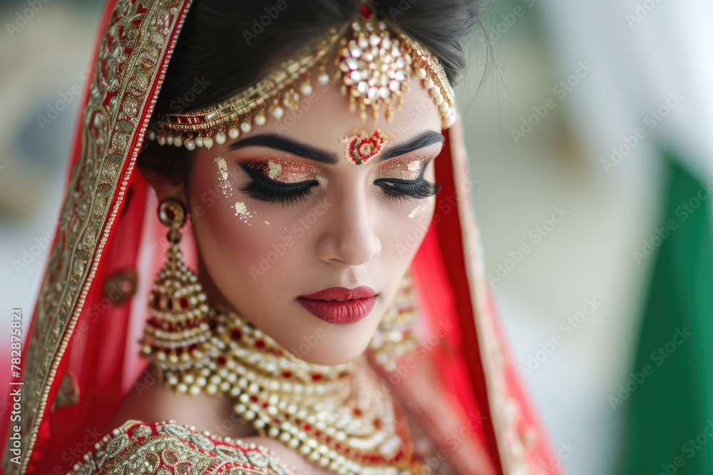 Attractive Indian bride photo in traditional red and golden wedding dress and elegant jewelry. Fictional Character Created by Generative AI. Attractive Indian bride photo in traditional red and golden wedding dress and elegant jewelry. Fictional Character Created by Generative AI.