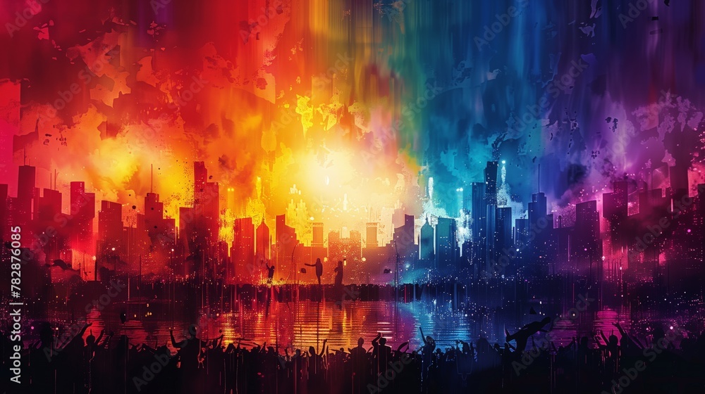 Vibrant Cityscape Under Rainbow-Colored Sky