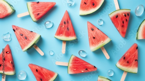 Sliced watermelon pieces arranged like popsicles on a blue background with ice drops. photo