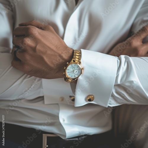 A man showing off his gold watch and nicely dressed hands. Fictional Character Created by Generative AI.