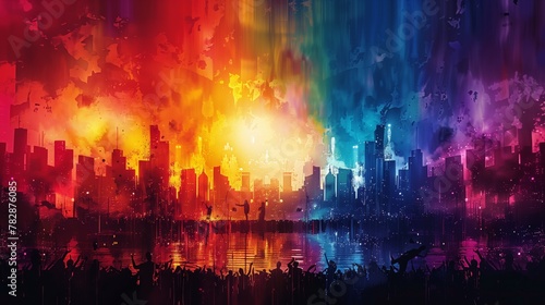 Vibrant Cityscape Under Rainbow-Colored Sky © Emiliia