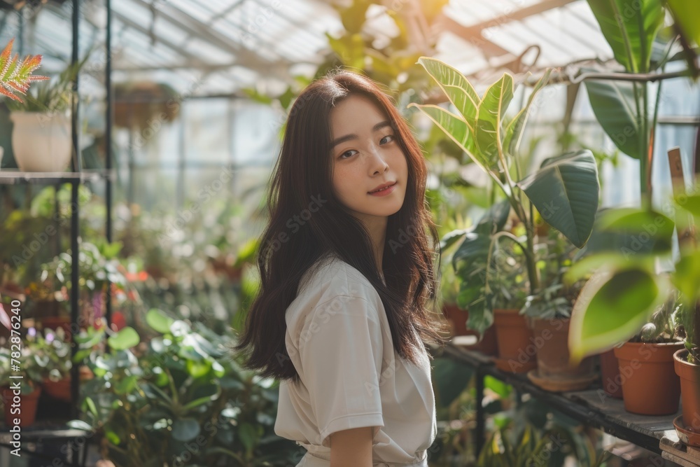 A beautiful woman is standing in a room or greenhouse surrounded by numerous potted plants. Fictional Character Created by Generative AI. A beautiful woman is standing in a room or greenhouse surrounded by numerous potted plants. Fictional Character Created by Generative AI.