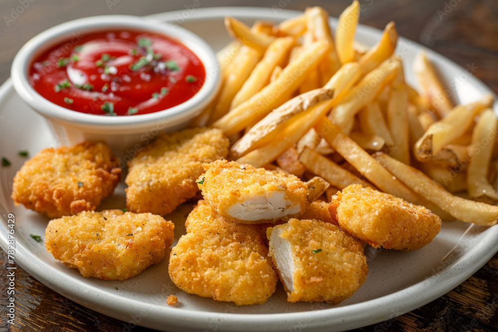 Delicious fried nuggets and french fries served on a table Delicious fried nuggets and french fries served on a table