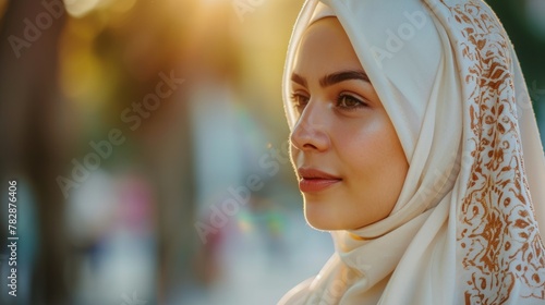 During Ramadan Photo of a beautiful Muslim woman wearing a hijab or traditional headscarf in sunlight captivating  nature background. Fictional Character Created by Generative AI.