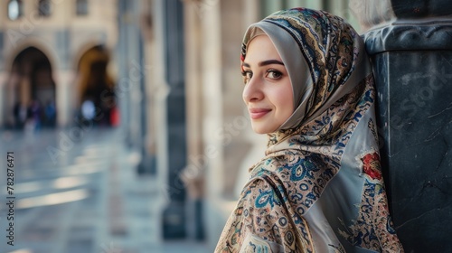 A smiling Muslim young woman wearing traditional Dress (hijab) during Ramadan. Fictional Character Created by Generative AI. photo