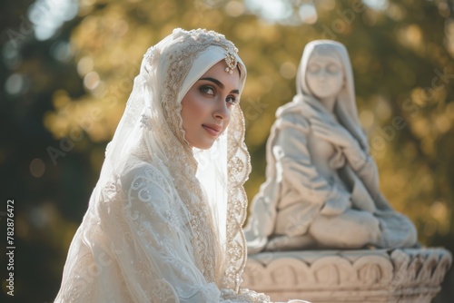 During Eid Photo of a Gorgeous Arabian woman wearing a white veil is posing beside a large outdoor statue. Fictional Character Created by Generative AI. photo