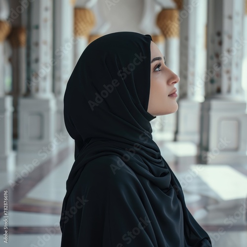  Eid Mubrak Greeting Card with Beautiful Arabian Woman wearing black traditional dress (Burqa) standing in a large hall with many pillars. Fictional Character Created by Generative AI. photo