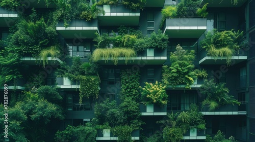 A tower block covered in plants and adorned with numerous balconies, creating a green facade for the building. AIG41