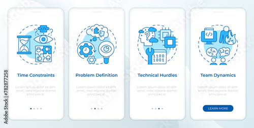 Hackathon challenges blue onboarding mobile app screen. Walkthrough 4 steps editable graphic instructions with linear concepts. UI, UX, GUI template. Myriad Pro-Bold, Regular fonts used
