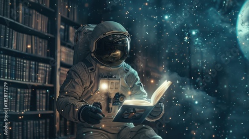 A man in a spacesuit is reading a book in a library. photo