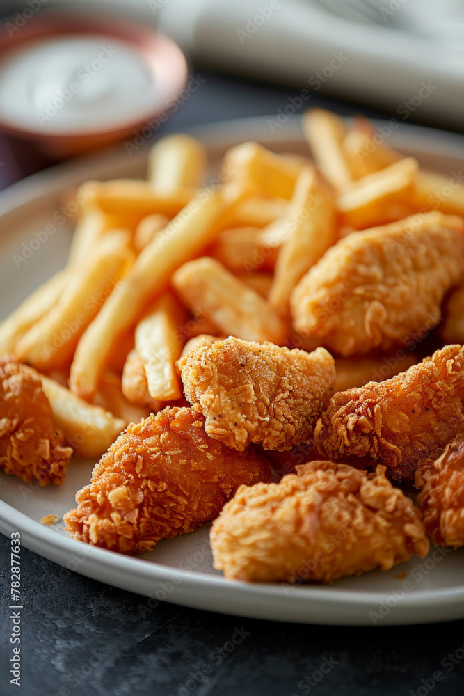 Delicious fried nuggets and french fries served on a table Delicious fried nuggets and french fries served on a table