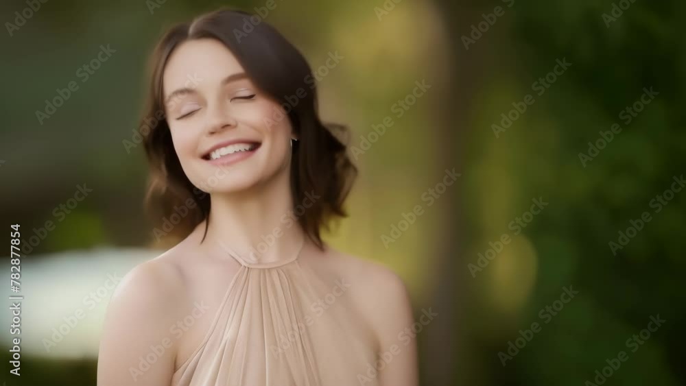 Soft smile from a young woman wearing a beige dress, standing in front of a blurred natural background. Gentle sunlight illuminates her hair and skin, creating a natural and serene atmosphere. Soft smile from a young woman wearing a beige dress, standing in front of a blurred natural background. Gentle sunlight illuminates her hair and skin, creating a natural and serene atmosphere.