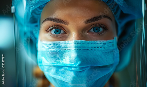 Resilient Guardians: Piercing Blue Eyes Radiate Strength Behind Protective Mask, Capturing the Heroic Spirit of Medical Frontline Warriors Battling Adversity photo