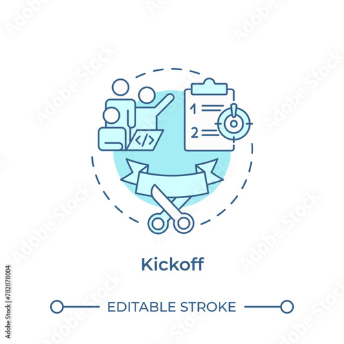 Kickoff soft blue concept icon. Hackathon process structure. Team formation. Opening ceremony. Round shape line illustration. Abstract idea. Graphic design. Easy to use in promotional materials