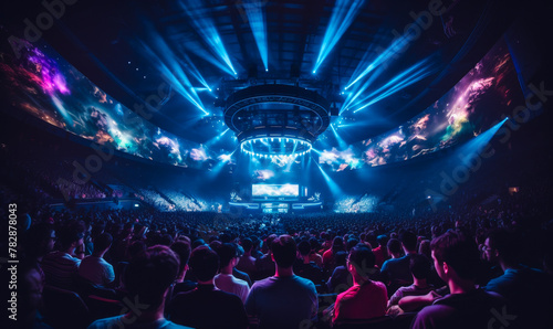 Thrilling E-Sports Spectacle: Packed Arena, Rapt Audience, Intense Gaming Action photo