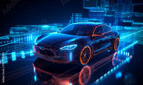 Futuristic Vehicle Wireframe Glowing on Cybernetic City Grid - Concept of Autonomous Driving