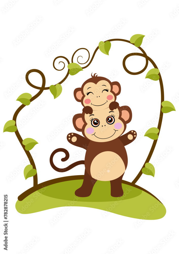 Cute mother monkey with little child on head on tree branch green leaves Cute mother monkey with little child on head on tree branch green leaves