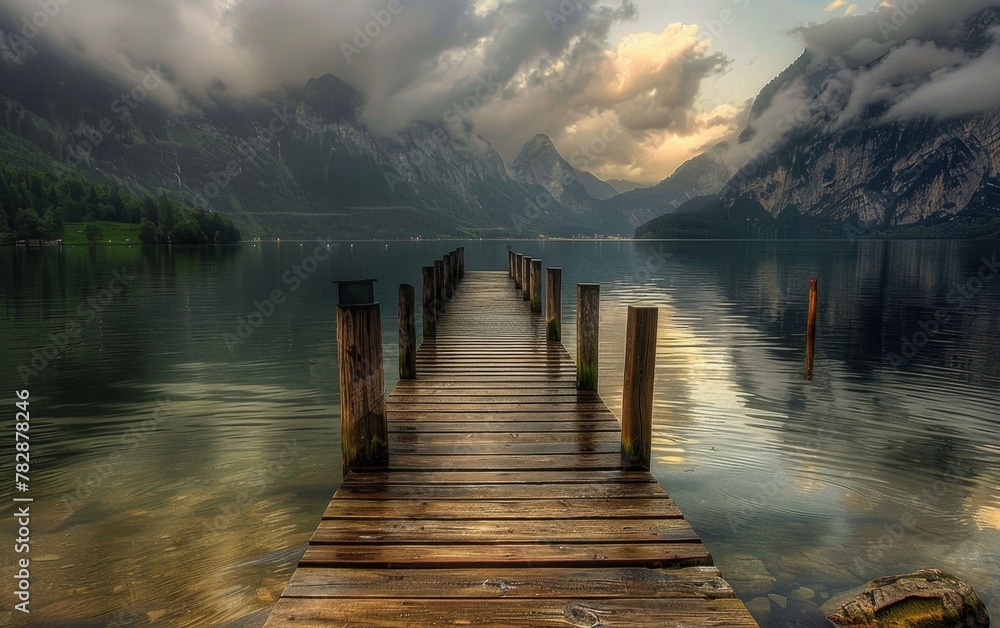 Fototapeta premium Pier at a lake in Hallstatt, Austria