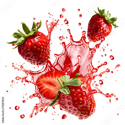 Strawberries in juice splash isolated on white background