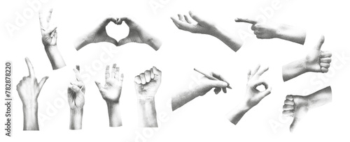 Trendy retro photocopy effect elements set. Various halftone hands gestures, heart, writing, pointing, ok, like, dislike, victory, fist, palm. Vector dotted stipplism effect