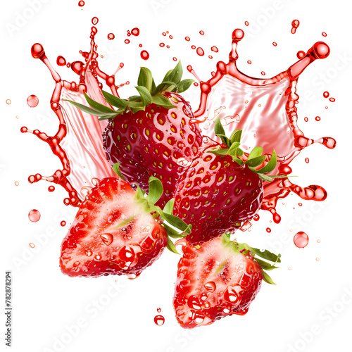 Strawberries in juice splash isolated on white background