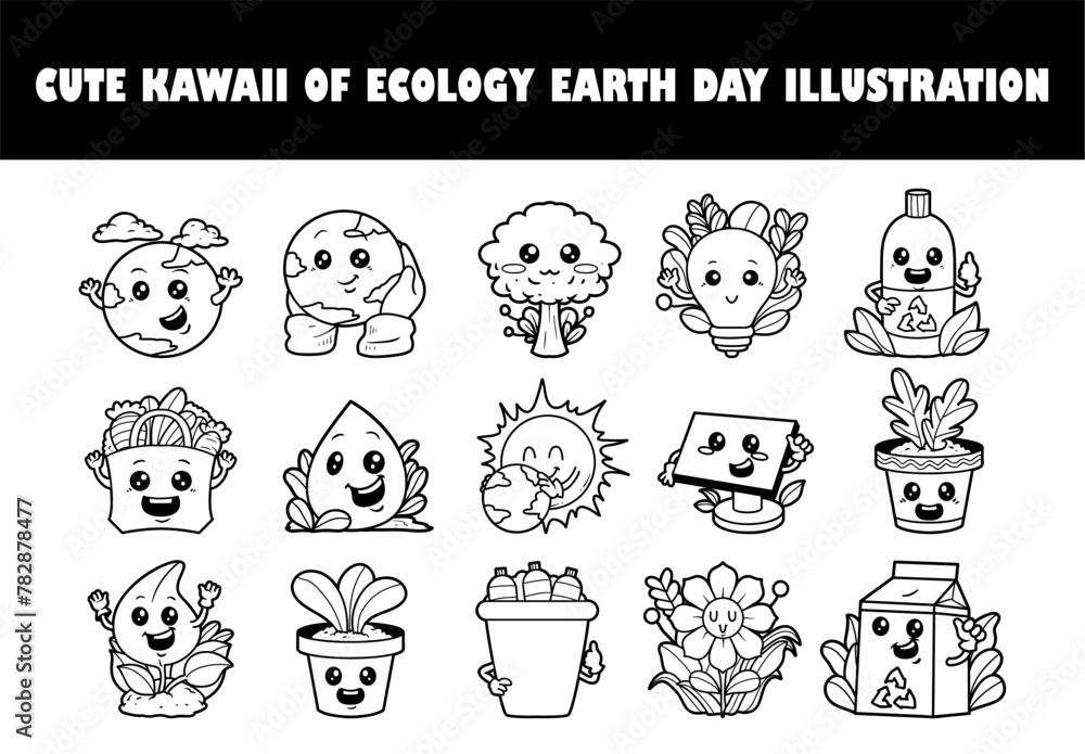 Fototapeta premium Cute kawaii of ecology Earth Day outline sketch vector illustration set