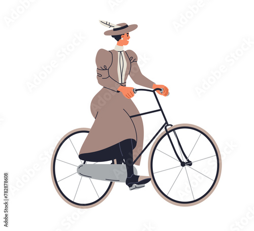 Elegant lady cycling in 19th century dress and hat. Noble woman riding retro bike. Female aristocrat on bicycle of historic Victorian era. Flat vector illustration isolated on white background