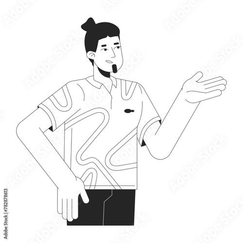 Caucasian guy making suggestion black and white 2D line cartoon character. Discussion participating man isolated vector outline person. Gesturing explaining monochromatic flat spot illustration