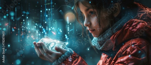 Fantasy character protects a magical wallet generating cyber money, with copy space photo