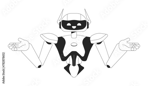 Robot shoulders shrugging black and white 2D line cartoon character. Confused humanoid isolated vector outline personage. Intelligence artificial arms out monochromatic flat spot illustration