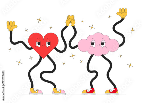High five groovy heart and cloud 2D linear illustration concept. Wavy hands retro cartoon characters isolated on white. Cute geometric figures high-five metaphor abstract flat vector outline graphic