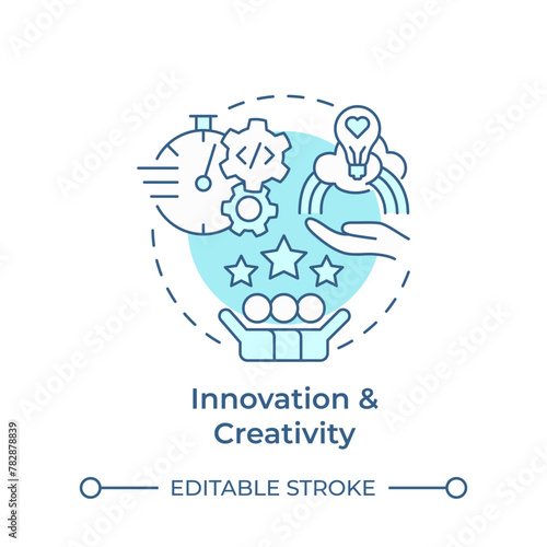 Innovation and creativity soft blue concept icon. Hackathon benefit. Idea exchange. Round shape line illustration. Abstract idea. Graphic design. Easy to use in promotional materials