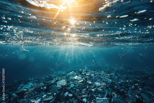Plastic trash floating in the ocean floor and sun shining through surface. photo