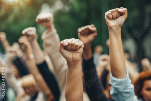 Diverse people raising fists in solidarity and strength outdoors © gankevstock