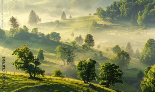 Beautiful misty landscape with trees in an aerial view at sunrise.